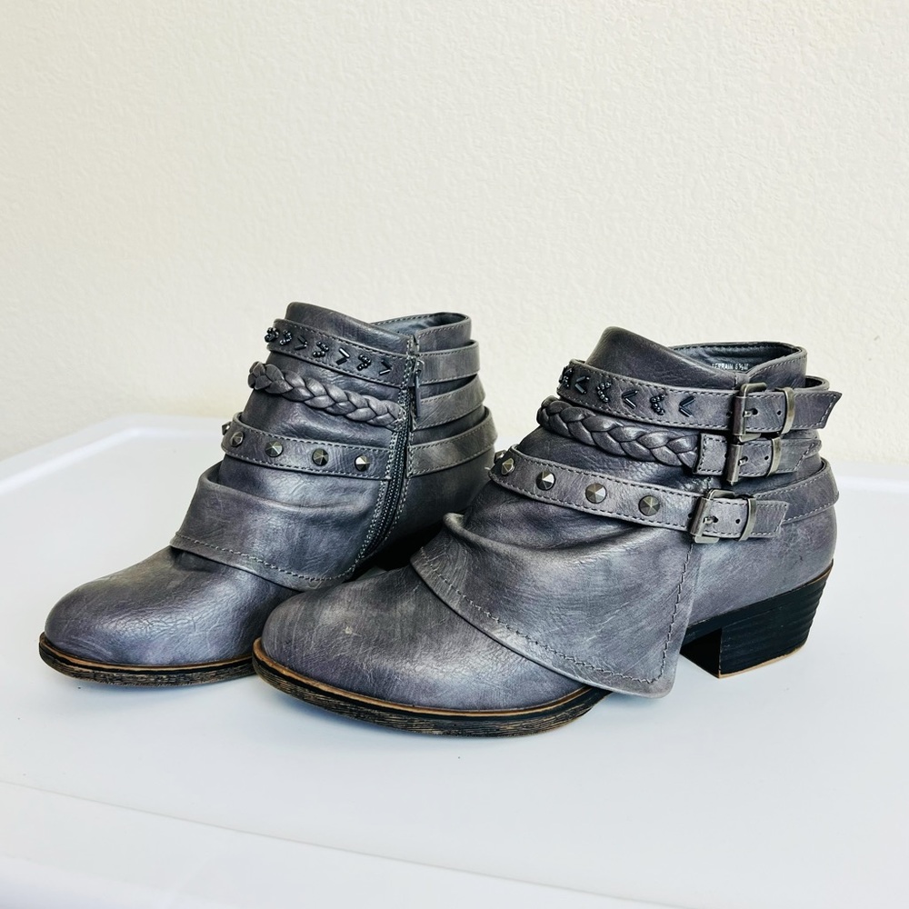 RAMPAGE Terrain Grey Vegan Buckle Harness Studded Embellished Flap Booties